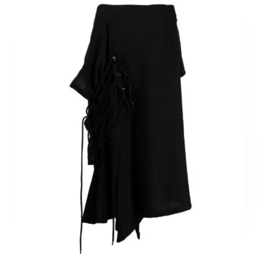 Yohji Yamamoto black wool asymmetric hem midi skirt with tie on one side